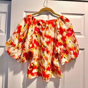 DKNY - S - Linen Printed Short Puff Sleeve Top - Small - NWT